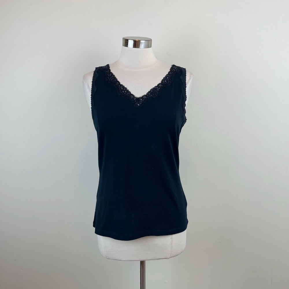 Croft & Barrow Solid Black Sequin Lace Top Women Size Medium
